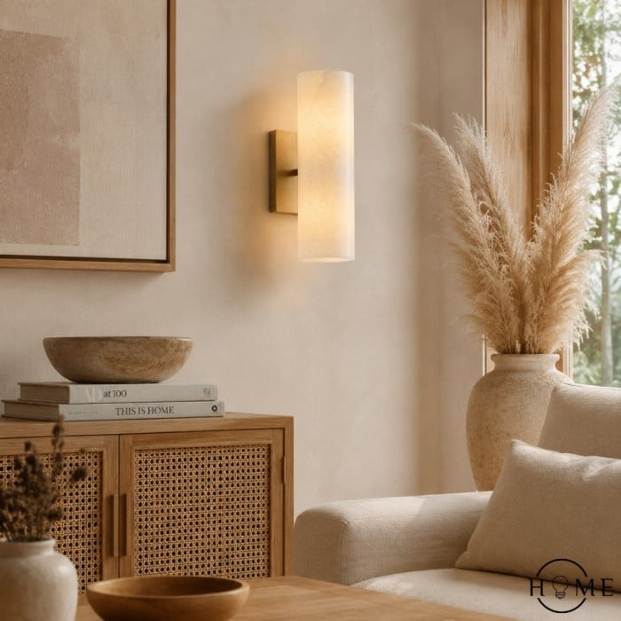 RoyaleGlow Modern Alabaster Wall Sconce - Brass Vanity Light Fixture