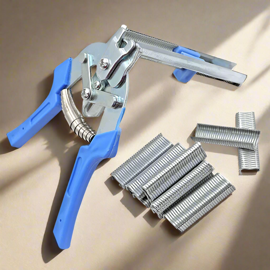 Type M Nail Ring Pliers – Heavy-duty manual tying cage tool made from wear-resistant manganese steel. Ergonomic plastic grips for comfort, spring-loaded magazine for semi-automatic cage clip crimping. Ideal for fencing, wire mesh, poultry cages, chicken coops, and animal enclosures. Includes 600 M-type nails. Durable, easy-to-use, and time-saving design.