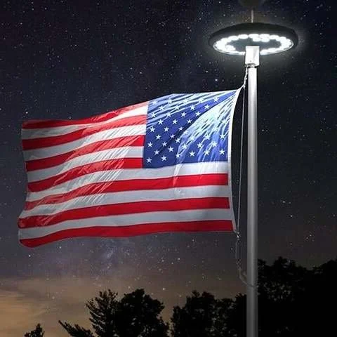 Solar-powered LED flagpole light with 26 ultra-bright SMD LEDs, 700 lumens, waterproof IP67 disc topper design, 360° illumination for residential flagpoles, fits standard 1/2" threaded finials, up to 12-hour runtime.