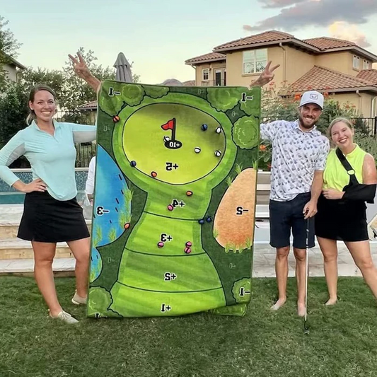 Portable indoor and outdoor sticky ball golf game set with 5ft play mat, 16 sticky balls, and turf pad – perfect party game for kids and adults, golf training, BBQs, tailgates, and events.