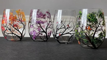 Luxora Four Seasons Tree Wine Glasses – Hand Painted Art