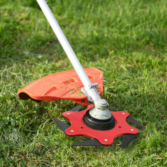6-blade steel trimmer head for grass cutters, made from durable manganese steel. Features sharp, precision blades for efficient weed removal, easy installation, and versatile use in gardens, pathways, and yards.