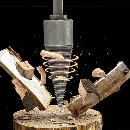 Heavy-duty firewood drill bit with anti-slip U-shaped thread, high-carbon steel construction, and three handle types (hex, round, square) – ideal for fast and effortless wood splitting.