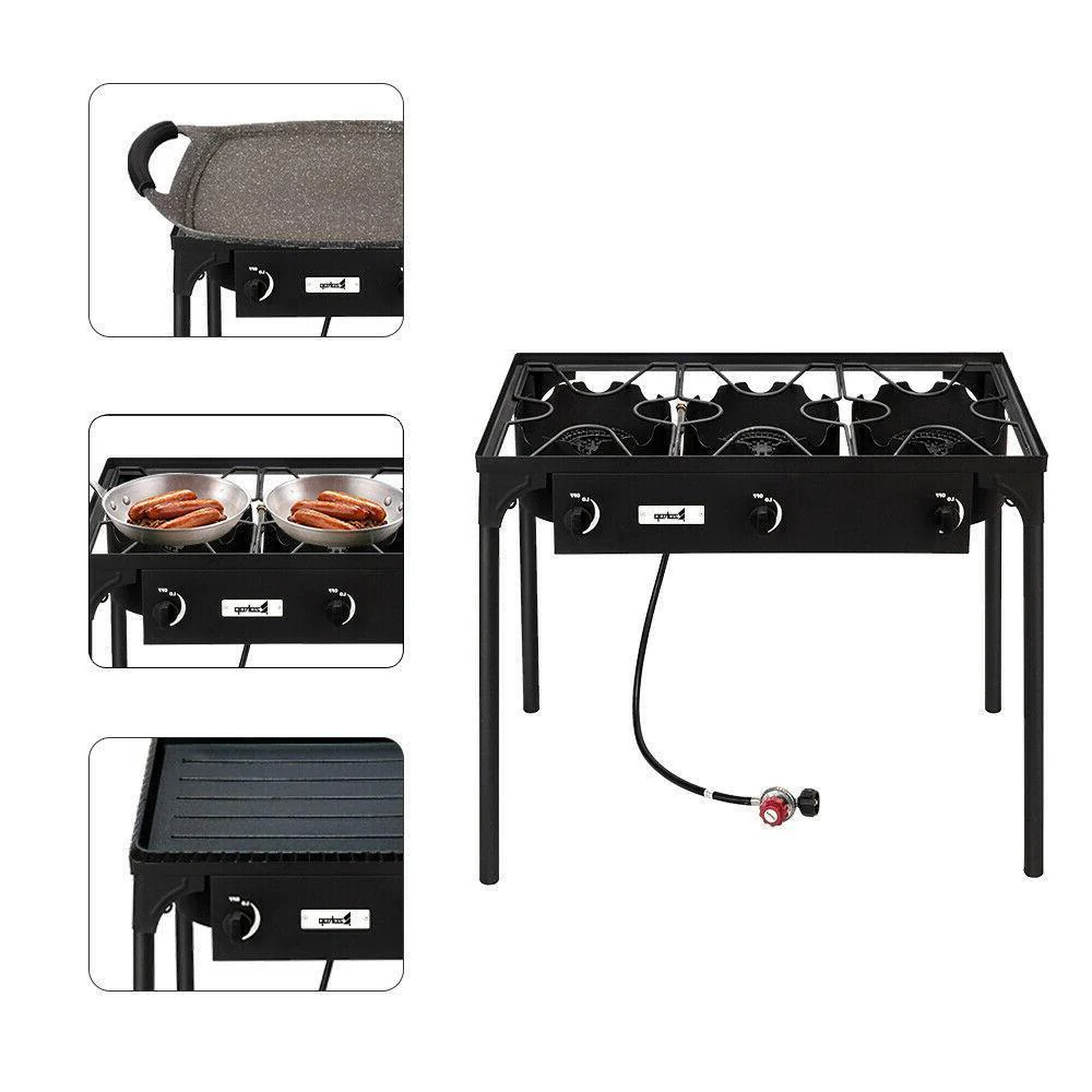 Royaleva Outdoor Camping Stove Grill: Portable Propane 3-Burner Cooker 225,000 BTU