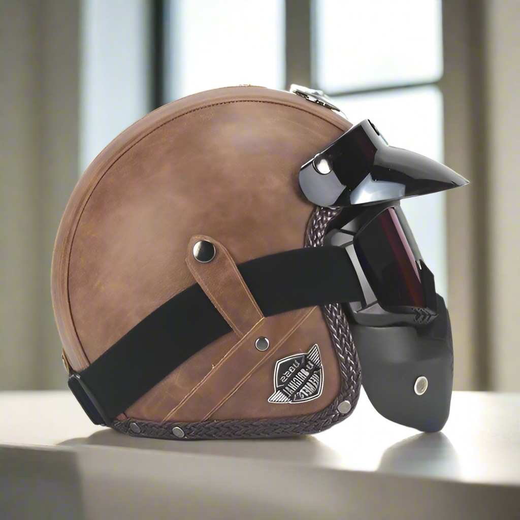 Vintage German Motorcycle Helmet With Removable Mask And Goggles Lightweight ABS Shell Synthetic Leather Finish Washable Interior Padding Snap Fasteners For Visors And Straps Full Face Protection For Riders