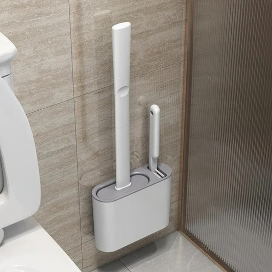 Silicone toilet brush with soft, non-stick bristles and ergonomic non-slip handle. Features quick-dry ventilated base, anti-adhesive coating, and 360° deep-cleaning brush head for a hygienic and efficient bathroom cleaning experience.
