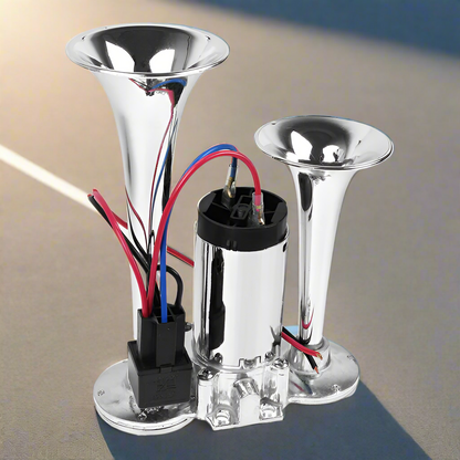 Dual Trumpet Electric Train Horn Kit – Ultra loud air horn for cars and trucks with customizable tones. Delivers powerful sound for enhanced road safety and attention. Durable, weather-resistant design with easy installation. Ideal for highways, off-road, emergency use, parades, and events.