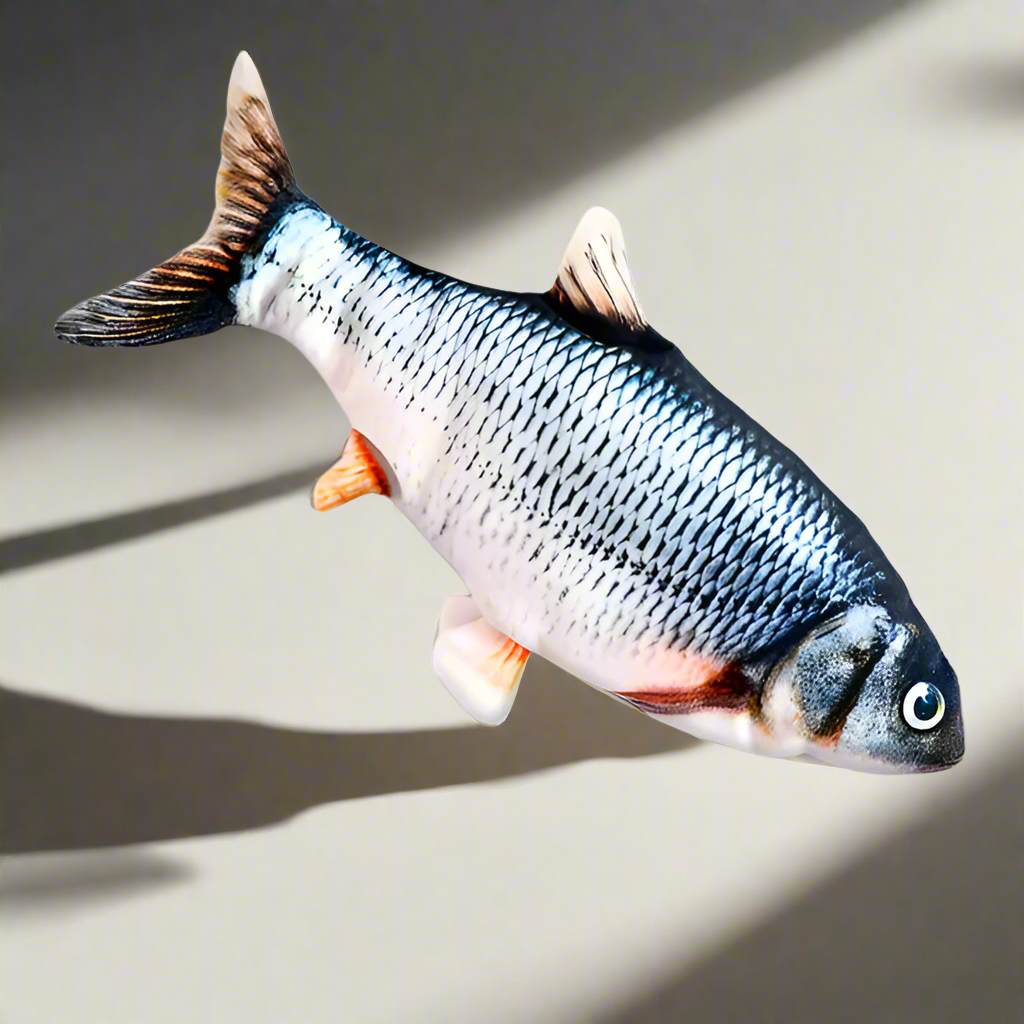 "USB-rechargeable flopping fish toy for cats and dogs with motion-activated sensor. Mimics real fish movements for interactive play, reducing pet anxiety and boredom. Soft, pet-safe material with long-lasting battery.