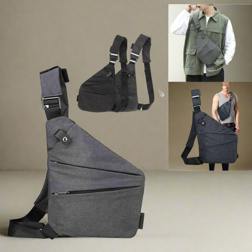 Waterproof pocket bag with multiple compartments, adjustable strap, and durable zippers for secure storage. Stylish, unisex design for everyday use – ideal for travel, shopping, and commuting. Available in black and grey