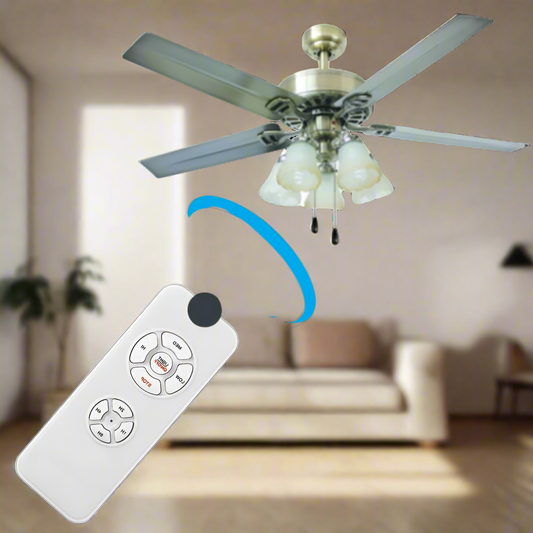 Universal ceiling fan remote control with light adjustment, speed control, and mobile app compatibility. Features long-range RF operation, easy installation, and ergonomic button design for seamless convenience.