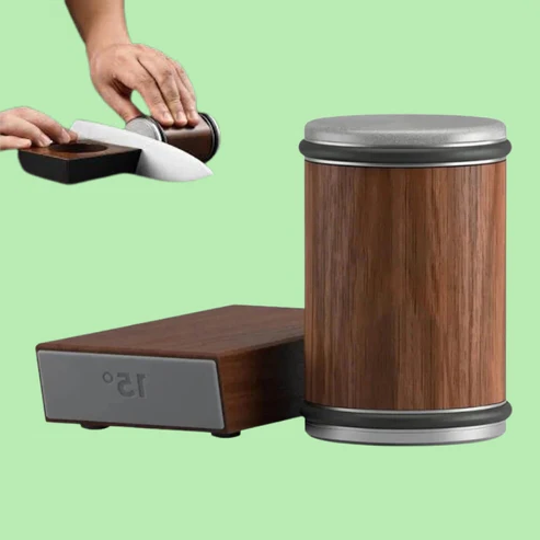 "Professional Rolling Knife Sharpener – Features dual diamond-coated 400# & 1000# discs for precise sharpening at 15° & 20° angles. Magnetic angle base ensures stability for sushi, Damascus, and high-carbon steel knives. No electricity or water required! Elegant wood design, perfect for home chefs. Comes in a premium gift box