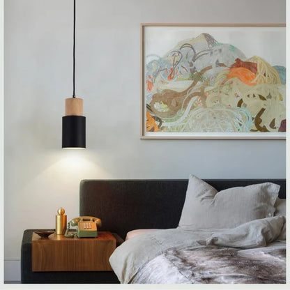 Royelux Modern Wood & Metal Cylinder Pendant Light - Minimalist Task Lighting