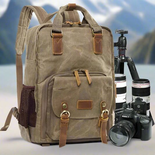 Vintage Waterproof Camera Backpack – Multi-Pocket DSLR Storage, Laptop Compartment, Adjustable Interior, Ideal for Travel & Photography