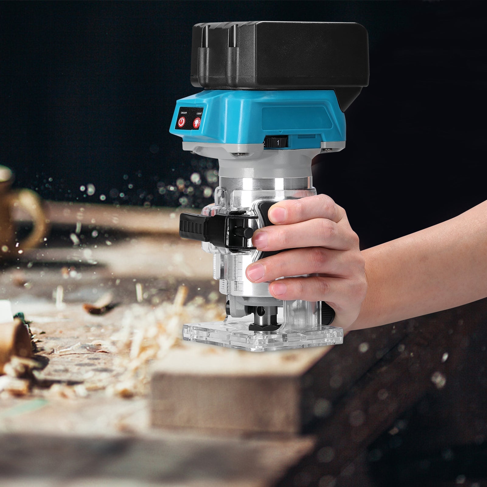 Cordless Wood Router – 600W Brushless Motor, 18,000 RPM, Adjustable Speed & Transparent Base for Precision Woodworking