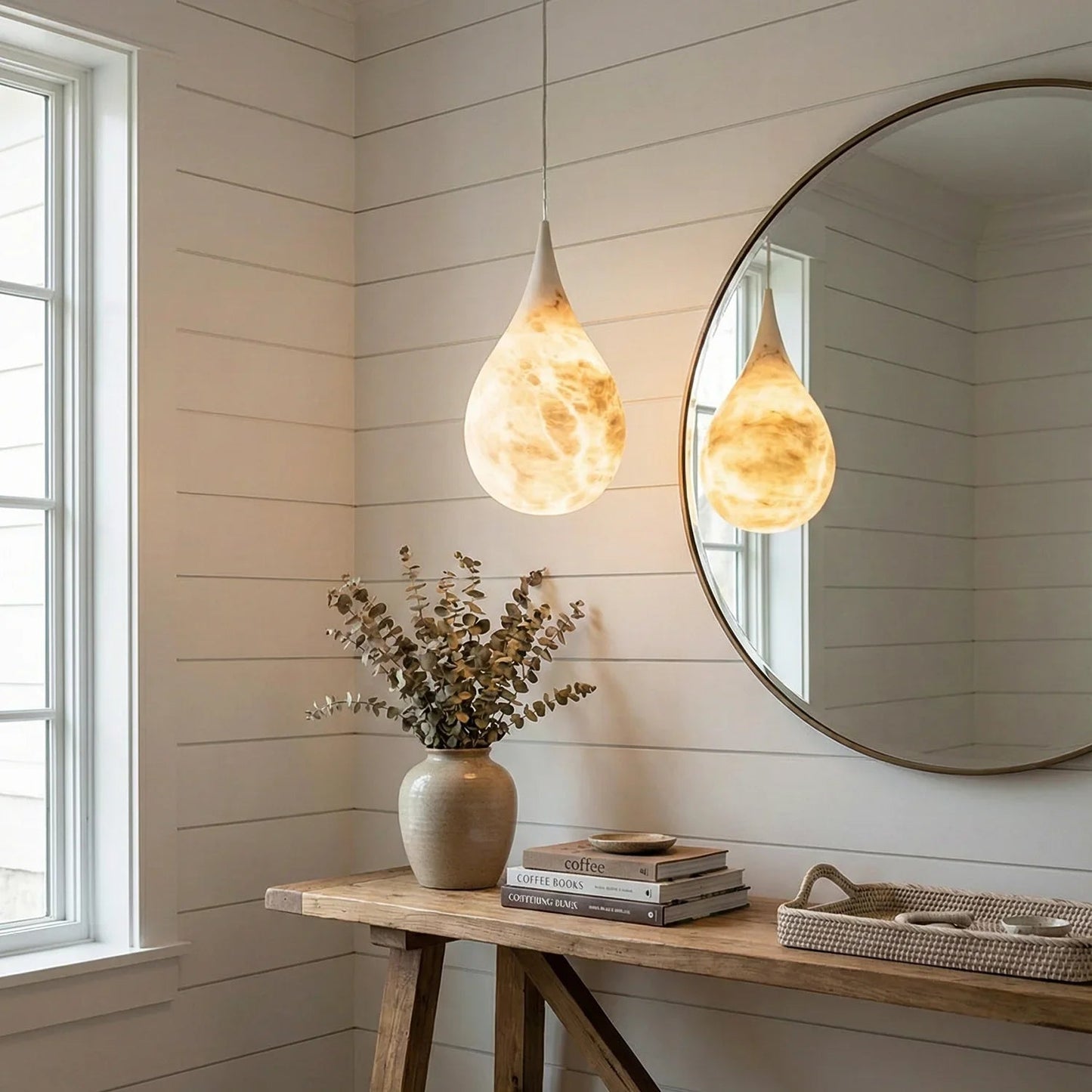 LuxRoyale Organic Alabaster Teardrop Pendant Light - Natural Stone Hanging Lamp