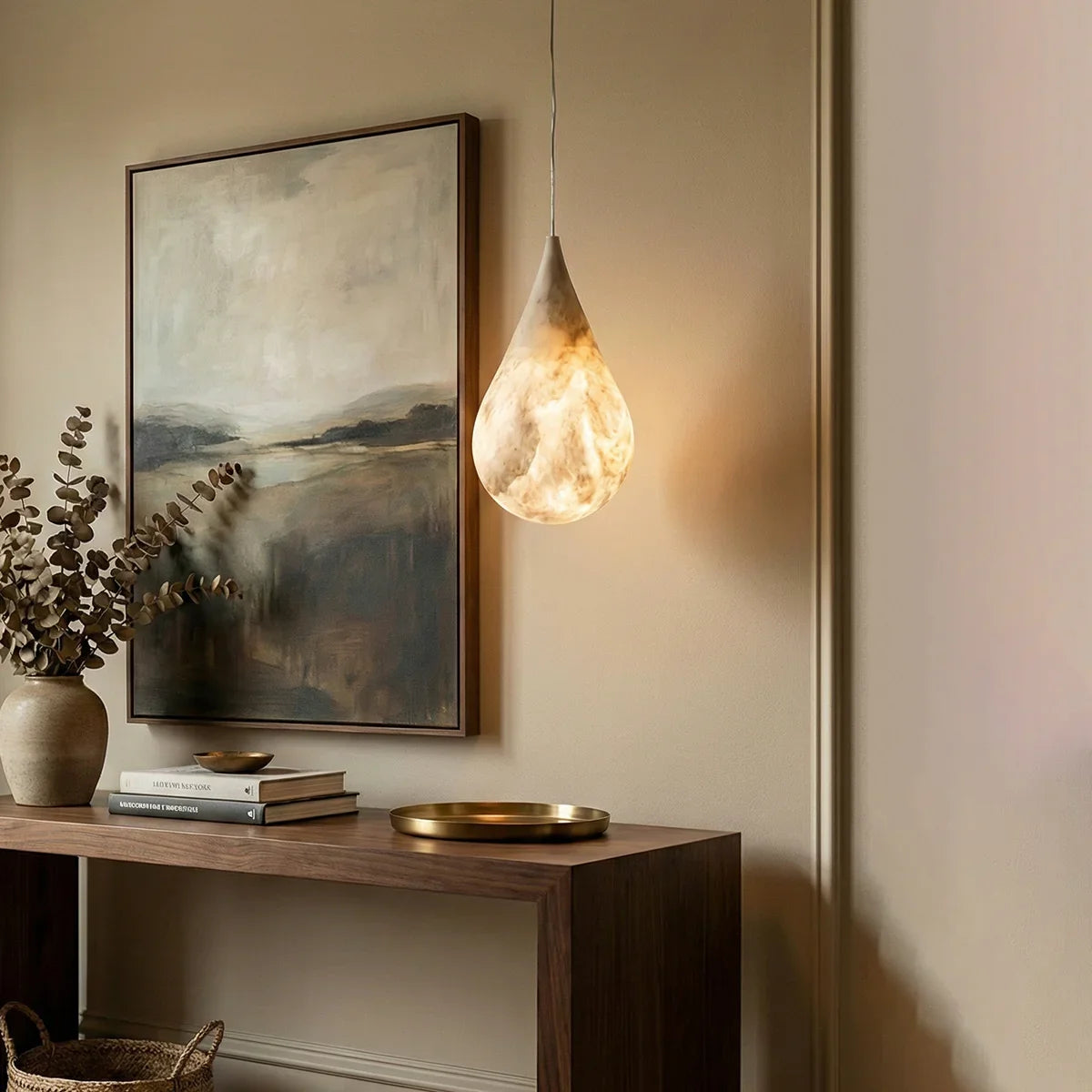 LuxRoyale Organic Alabaster Teardrop Pendant Light - Natural Stone Hanging Lamp