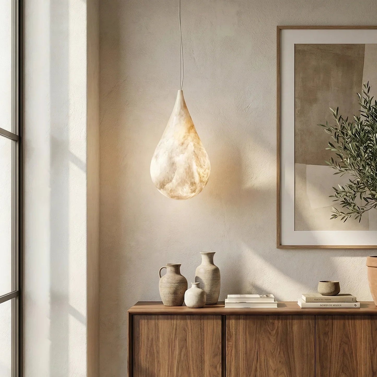 LuxRoyale Organic Alabaster Teardrop Pendant Light - Natural Stone Hanging Lamp