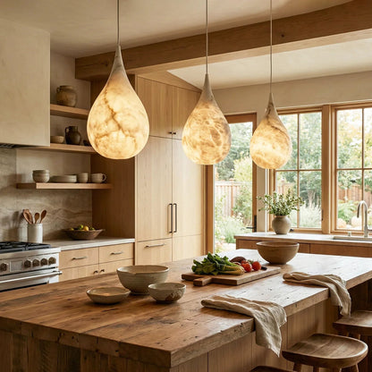 LuxRoyale Organic Alabaster Teardrop Pendant Light - Natural Stone Hanging Lamp