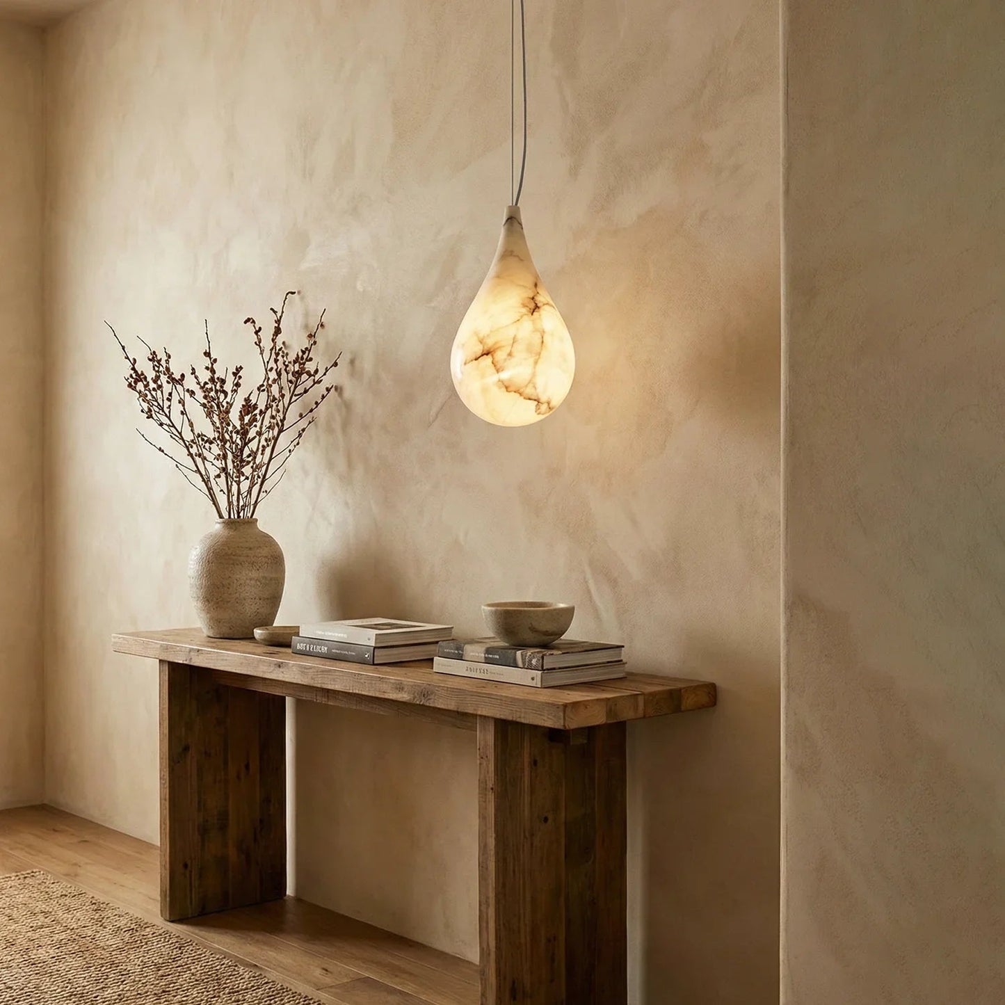 LuxRoyale Organic Alabaster Teardrop Pendant Light - Natural Stone Hanging Lamp