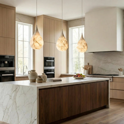 LuxRoyale Organic Alabaster Teardrop Pendant Light - Natural Stone Hanging Lamp