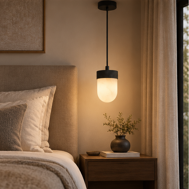 RoyaleGlow Alabaster Capsule Pendant Light Brass Hanging Lamp - Royale Basic