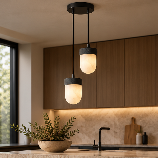 RoyaleGlow Alabaster Capsule Pendant Light Brass Hanging Lamp - Royale Basic