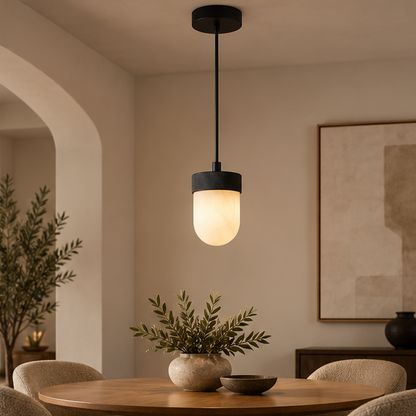 RoyaleGlow Alabaster Capsule Pendant Light Brass Hanging Lamp - Royale Basic