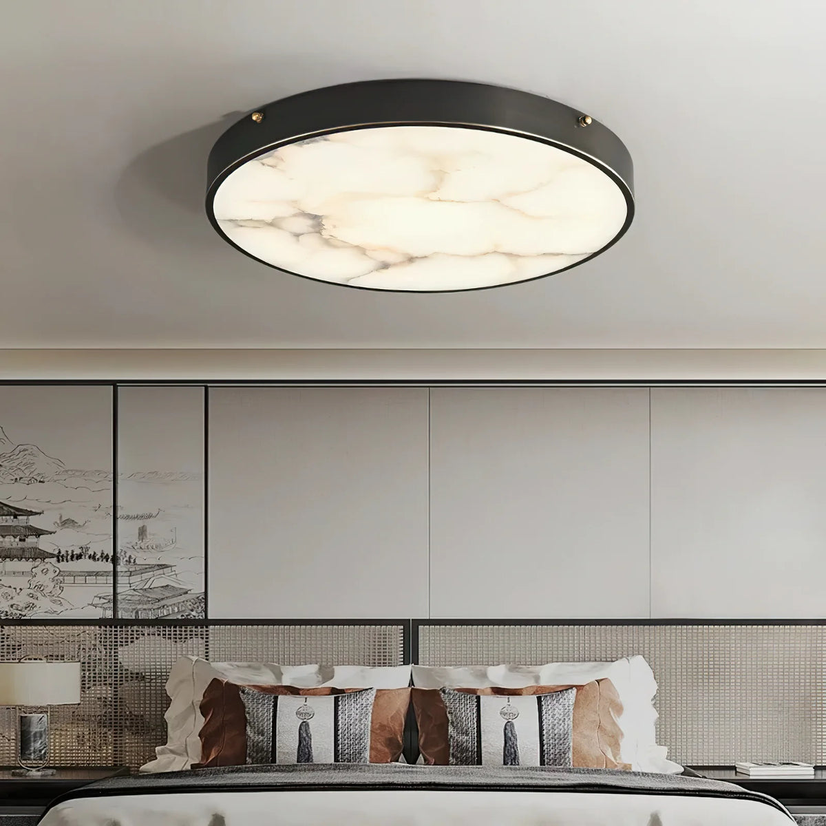 RoyaleGlow Alabaster Round Flush Mount Ceiling Light Natural Stone - Royale Basic