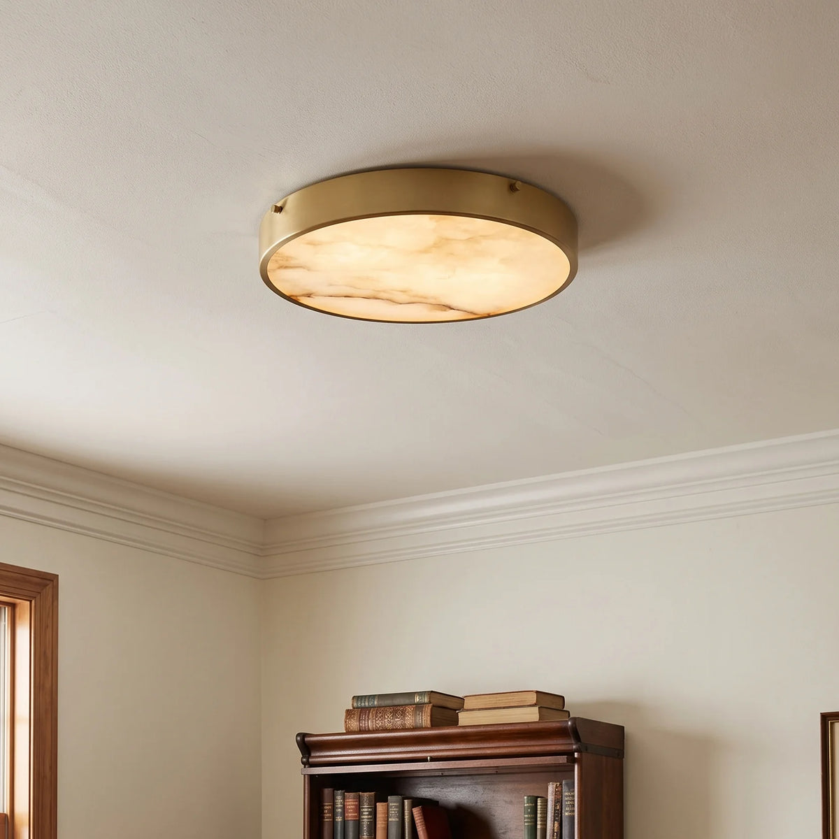 RoyaleGlow Alabaster Round Flush Mount Ceiling Light Natural Stone - Royale Basic