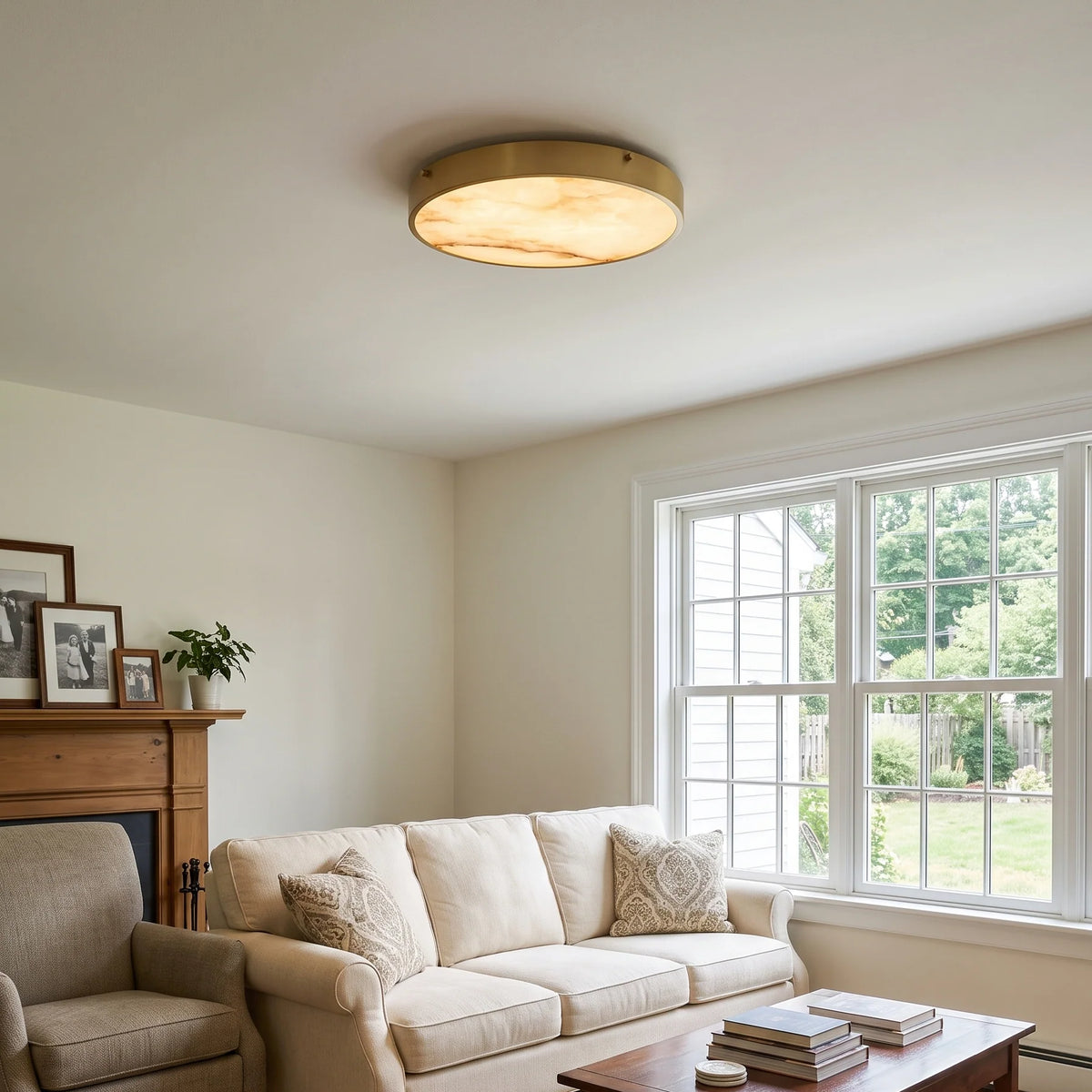 RoyaleGlow Alabaster Round Flush Mount Ceiling Light Natural Stone - Royale Basic