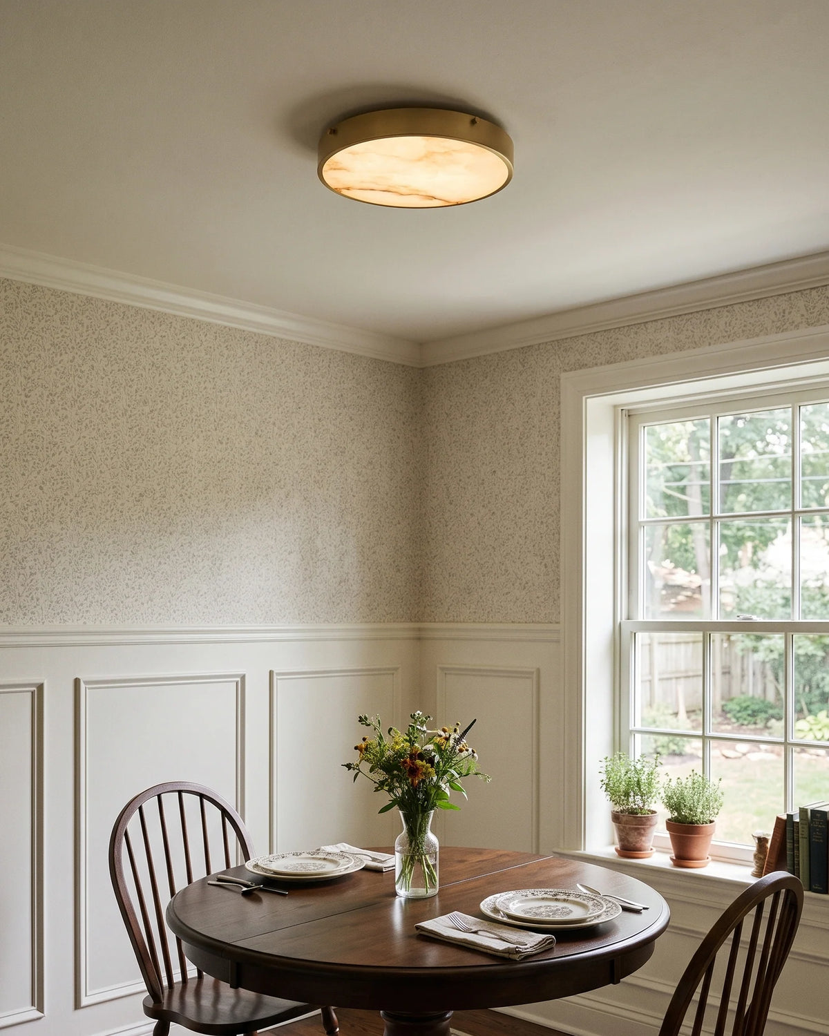 RoyaleGlow Alabaster Round Flush Mount Ceiling Light Natural Stone - Royale Basic