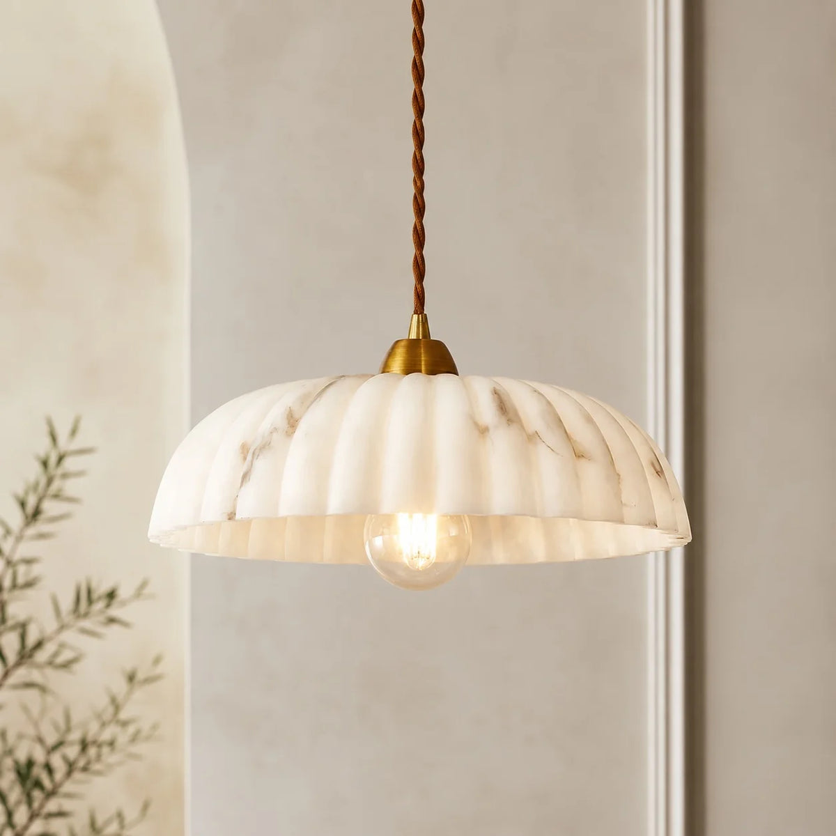 RoyaleGlow Alabaster Shade Hanging Pendant Light Antique Gold Finish - Royale Basic