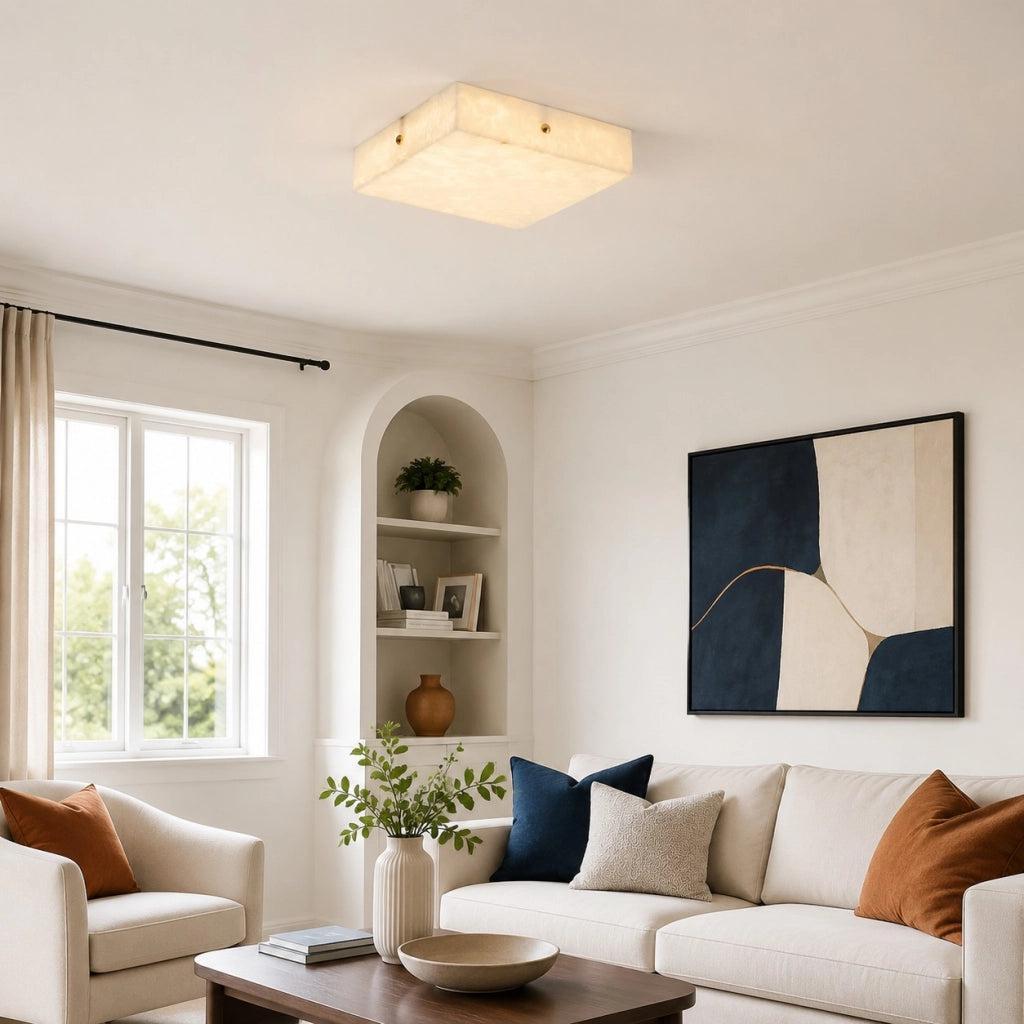 RoyaleGlow Alabaster Square Flush Mount Ceiling Light with Brass Accents-Royale Basic