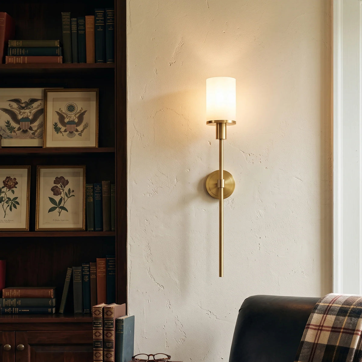 RoyaleGlow Brass Alabaster Wall Sconce Modern Cylinder Light Fixture - Royale Basic