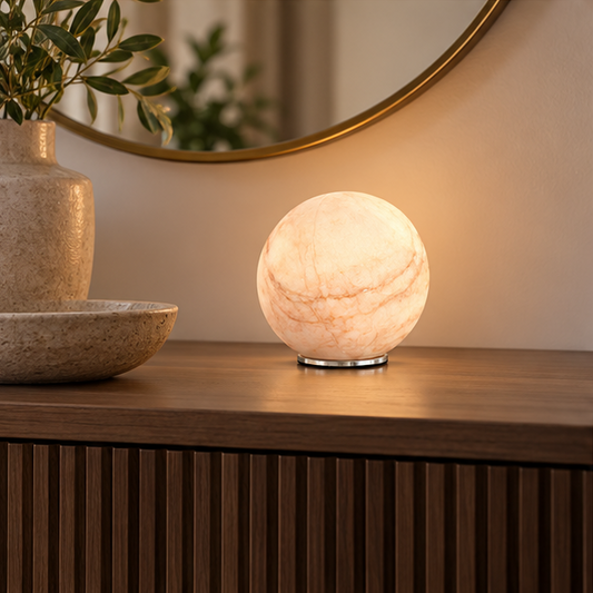 RoyaleGlow Cordless Alabaster Sphere Table Lamp - LED Marble Orb Light - Royale Basic