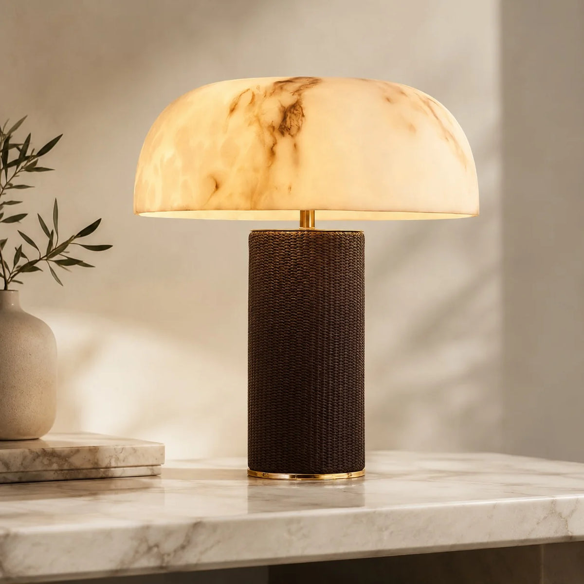 RoyaleGlow Dimmable Modern Table Lamp Leather Base Faux Alabaster Shade - Royale Basic