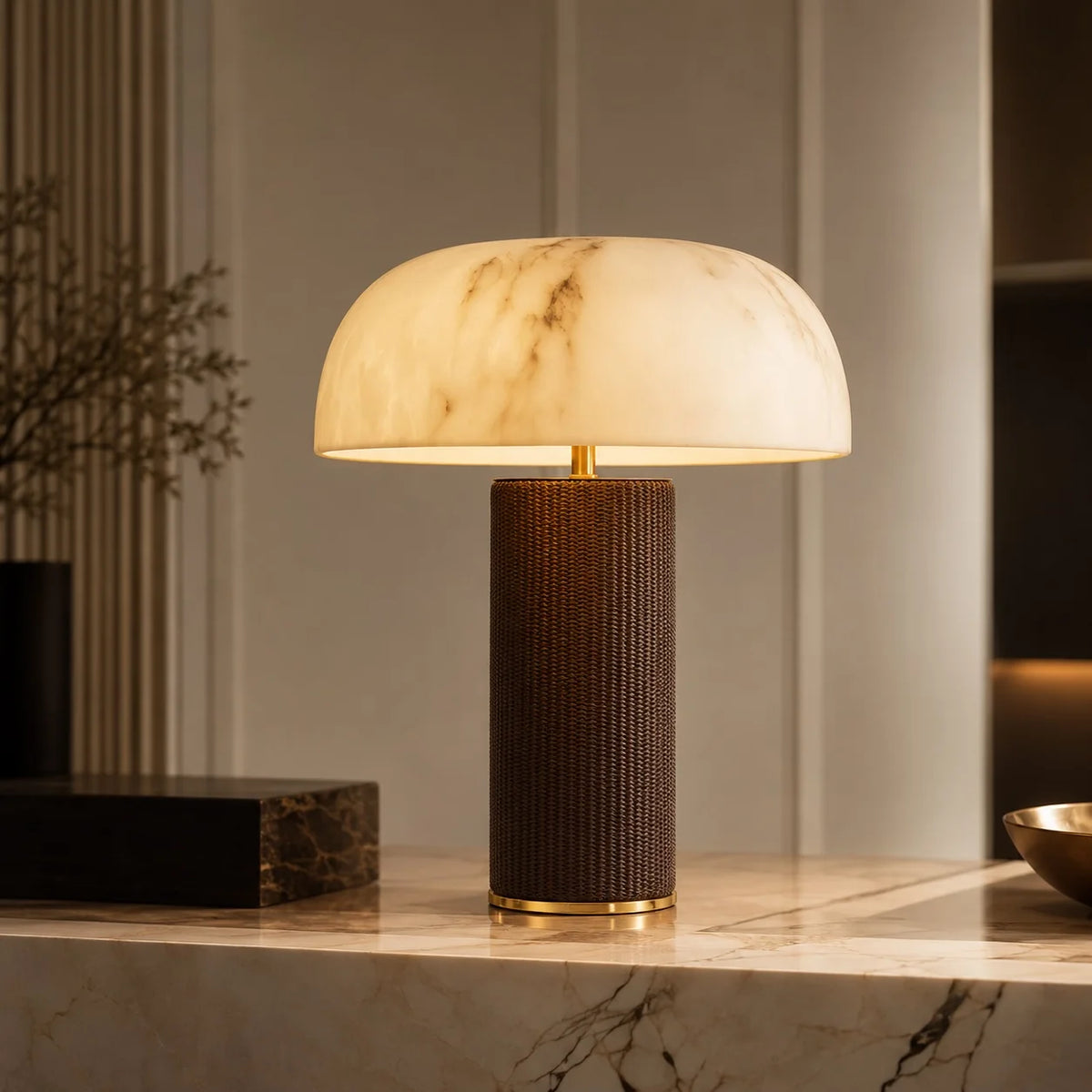 RoyaleGlow Dimmable Modern Table Lamp Leather Base Faux Alabaster Shade - Royale Basic