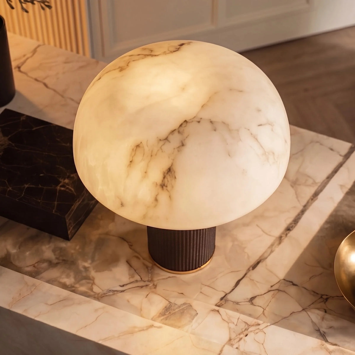 RoyaleGlow Dimmable Modern Table Lamp Leather Base Faux Alabaster Shade - Royale Basic