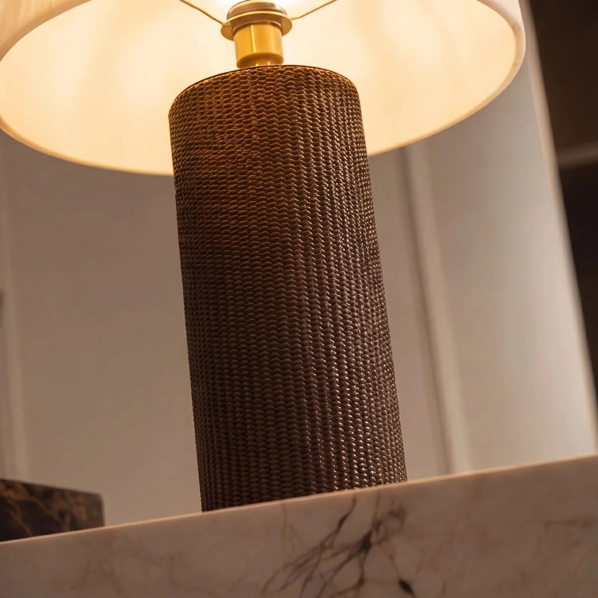 RoyaleGlow Dimmable Modern Table Lamp Leather Base Faux Alabaster Shade - Royale Basic