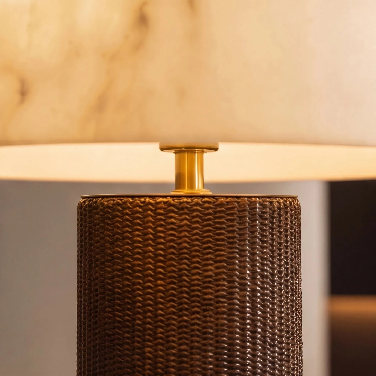 RoyaleGlow Dimmable Modern Table Lamp Leather Base Faux Alabaster Shade - Royale Basic