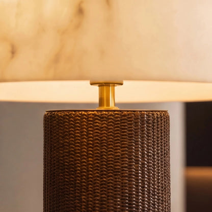 RoyaleGlow Dimmable Modern Table Lamp Leather Base Faux Alabaster Shade - Royale Basic