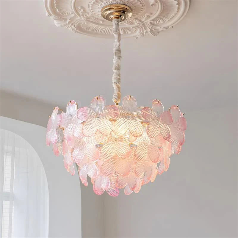 RoyaleGlow Floral Glass Crystal Chandelier Pink Petal Hanging Light Fixture - Royale Basic