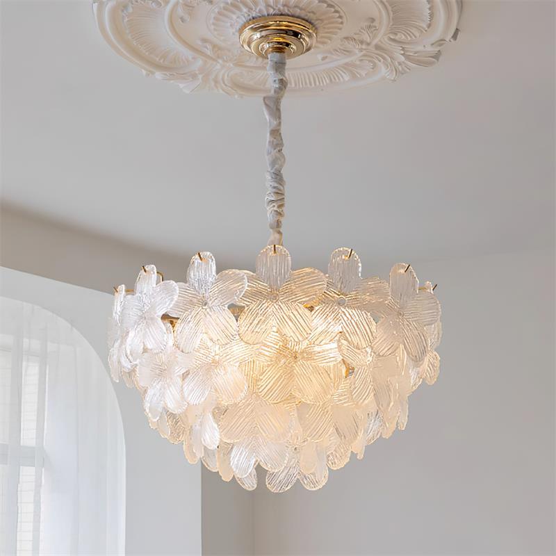 RoyaleGlow Floral Glass Crystal Chandelier Pink Petal Hanging Light Fixture - Royale Basic