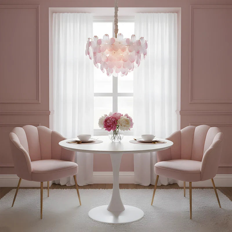 RoyaleGlow Floral Glass Crystal Chandelier Pink Petal Hanging Light Fixture - Royale Basic