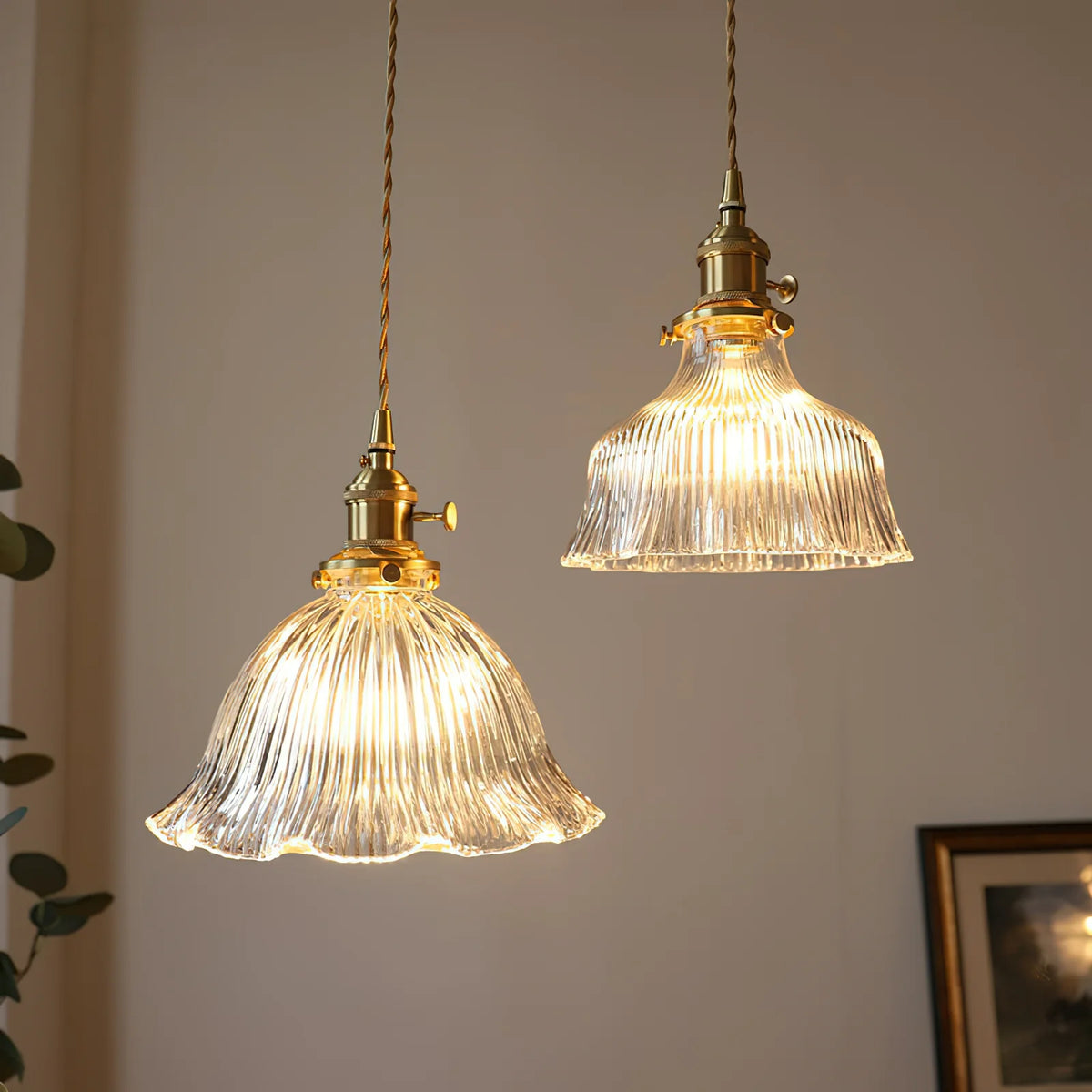 RoyaleGlow Green Ribbed Glass Pendant Light Vintage Brass Hanging Lamp For Kitchen Island - Royale Basic