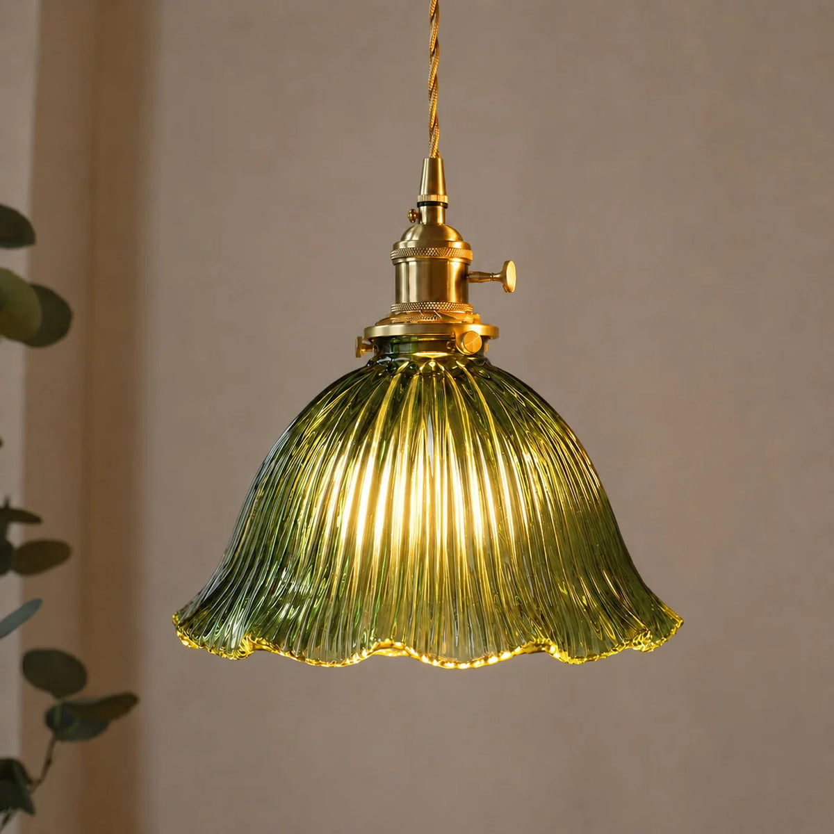 RoyaleGlow Green Ribbed Glass Pendant Light Vintage Brass Hanging Lamp For Kitchen Island - Royale Basic
