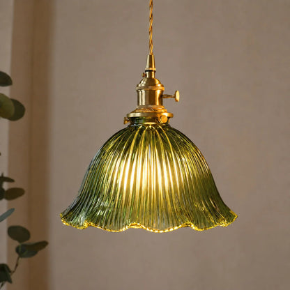RoyaleGlow Green Ribbed Glass Pendant Light Vintage Brass Hanging Lamp For Kitchen Island - Royale Basic