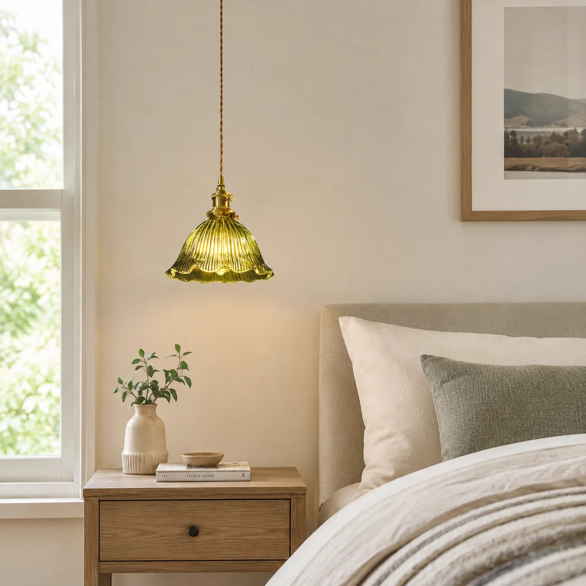 RoyaleGlow Green Ribbed Glass Pendant Light Vintage Brass Hanging Lamp For Kitchen Island - Royale Basic