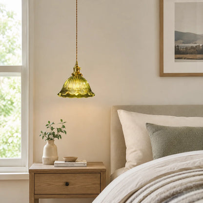 RoyaleGlow Green Ribbed Glass Pendant Light Vintage Brass Hanging Lamp For Kitchen Island - Royale Basic