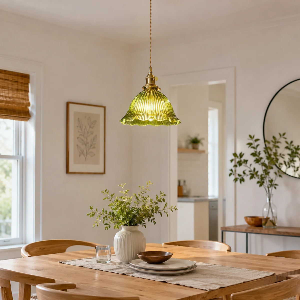 RoyaleGlow Green Ribbed Glass Pendant Light Vintage Brass Hanging Lamp For Kitchen Island - Royale Basic